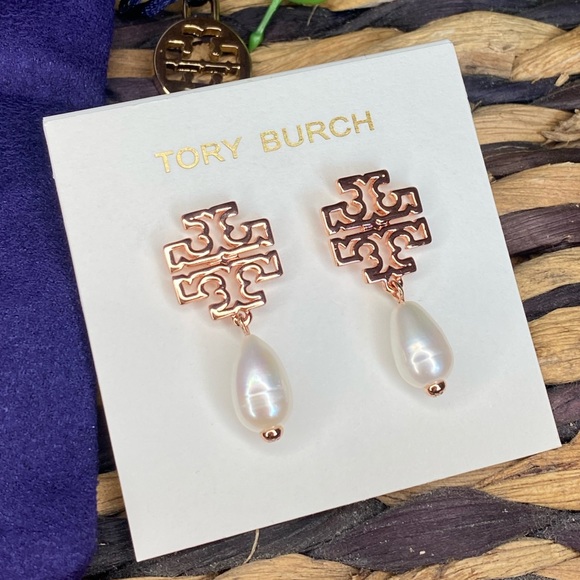 Tory Burch Jewelry - Tory Burch Drop Earrings - Britton Logo Rose Gold White Pearl